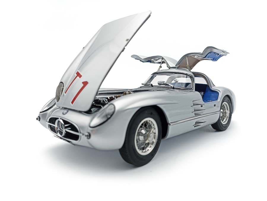 The 300 SLR’s gullwing doors, possibly Mercedes’ most iconic design innovation, are fully functional, as is the forward-folding hood.